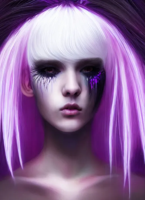 Image similar to hair whitebangs hair, black cyberlox, portrait of teenage girl with white bangs, whitebangsblackhair, messy bangs, cyberlox, whitebangs, red irises, purple clothes, intricate, elegant, glowing lights, highly detailed, digital painting, artstation, concept art, sharp focus, illustration, art by wlop, mars ravelo and greg rutkowski