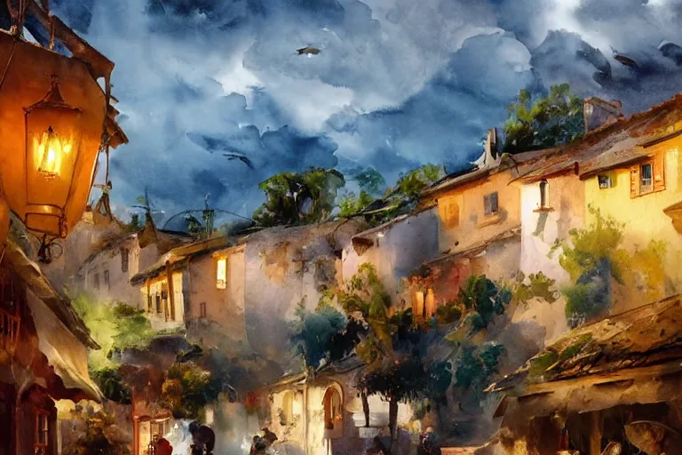 Prompt: paint brush strokes, abstract watercolor painting of rustic mediterranean village at nightfall, lantern, ambient lighting, art by hans dahl, by jesper ejsing, art by anders zorn, wonderful masterpiece by greg rutkowski, cinematic light, american romanticism by greg manchess, creation by tyler edlin