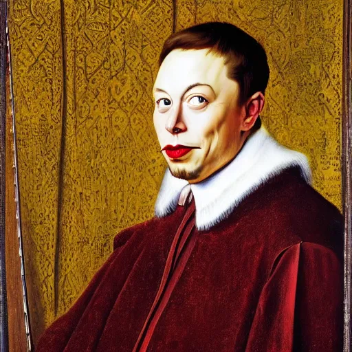 Image similar to portrait of elon musk, oil painting by jan van eyck, northern renaissance art, oil on canvas, wet - on - wet technique, realistic, expressive emotions, intricate textures, illusionistic detail