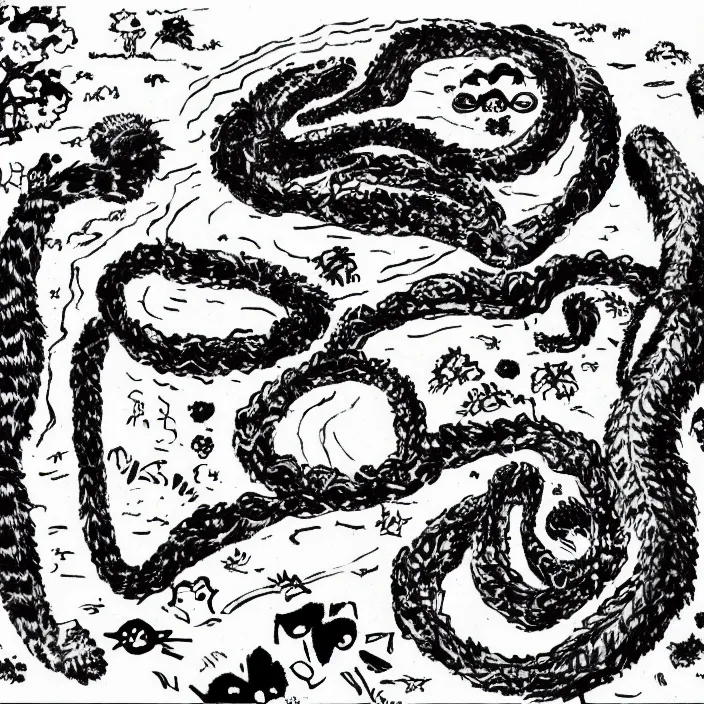 Prompt: a still frame from comic strip, black fluffy hairy snake 1 9 5 0, herluf bidstrup, new yorker illustration, monochrome contrast bw, lineart, manga, tadanori yokoo, simplified,
