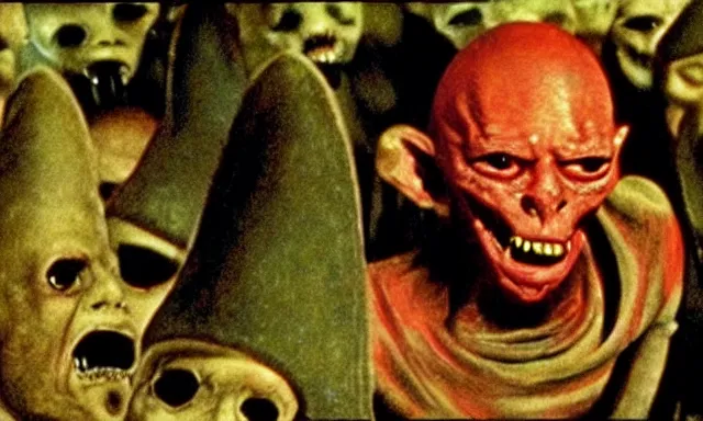 Prompt: full - color cinematic movie still from a 1 9 8 7 horror film by clive barker featuring cenobites welcoming terrified sinners to the hellish underworld. creepy ; frightening.