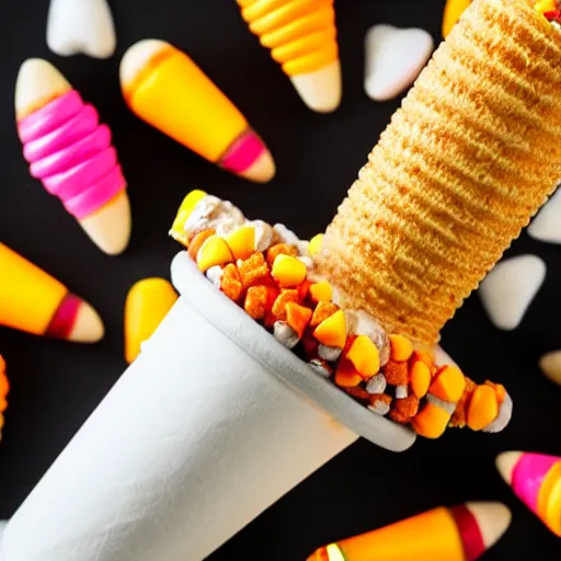 Image similar to a detailed photograph of an ice cream cone studded with candy corn like a medieval mace.