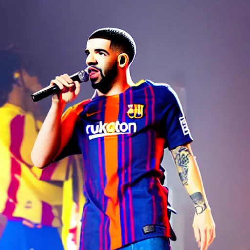 Prompt: Drake performing on stage at the Camp Nou