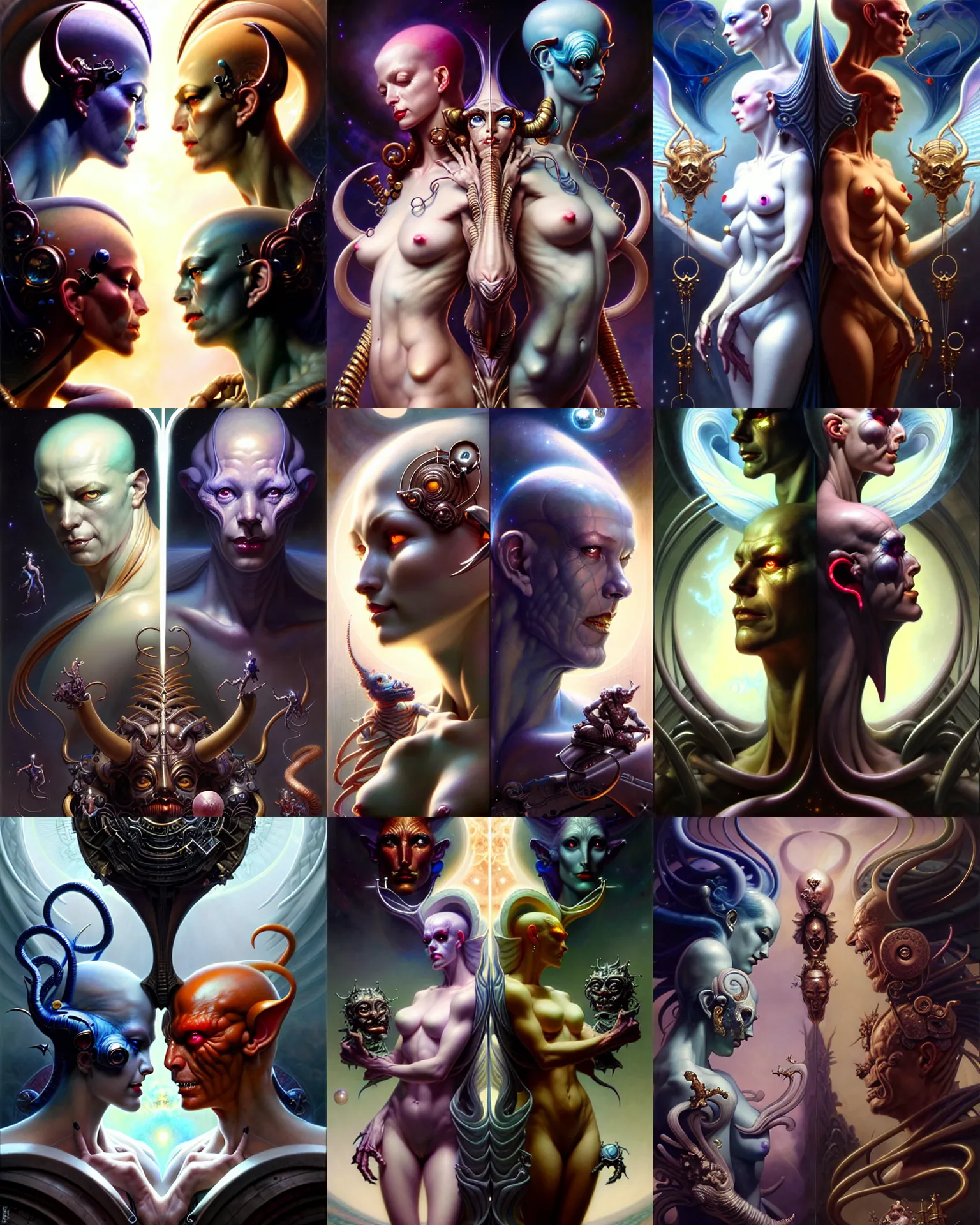 Image similar to beautiful gemini good and evil, happy and sad faces, fantasy character portrait, ultra realistic, wide angle, intricate details, the fifth element artifacts, highly detailed by peter mohrbacher, boris vallejo, hajime sorayama, wayne barlowe, aaron horkey, gaston bussiere, craig mullins