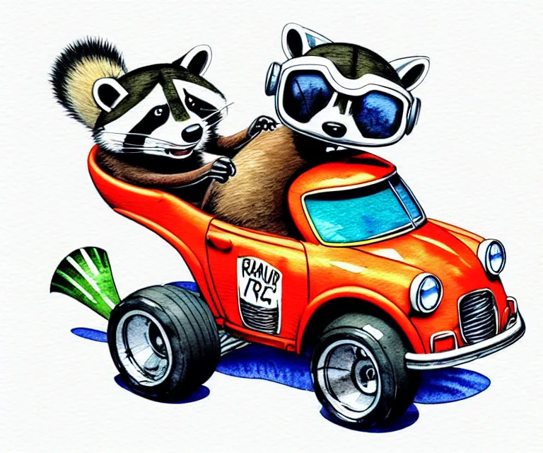 Prompt: cute and funny, racoon wearing a helmet riding in a tiny hot rod with oversized engine, ratfink style by ed roth, centered award winning watercolor pen illustration, isometric illustration by chihiro iwasaki, edited by watercolor girl, tiny details by artgerm, symmetrically isometrically centered