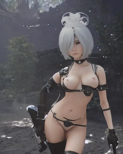 Image similar to unreal engine screenshot of 2B from Nier Automata and with slender body type and prominent ceramic hex tile armor plates wearing wearing a bikini, unreal engine, 8k