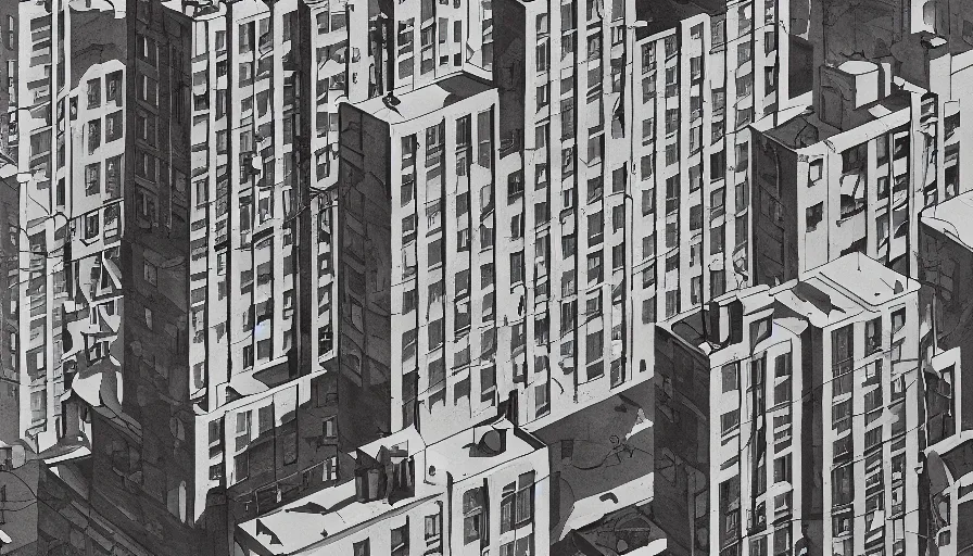 Prompt: american city, modern times, an apartment building, four stories high, with a huge water tank on the roof. the color of the picture is gray, and the painting style is realistic and retro