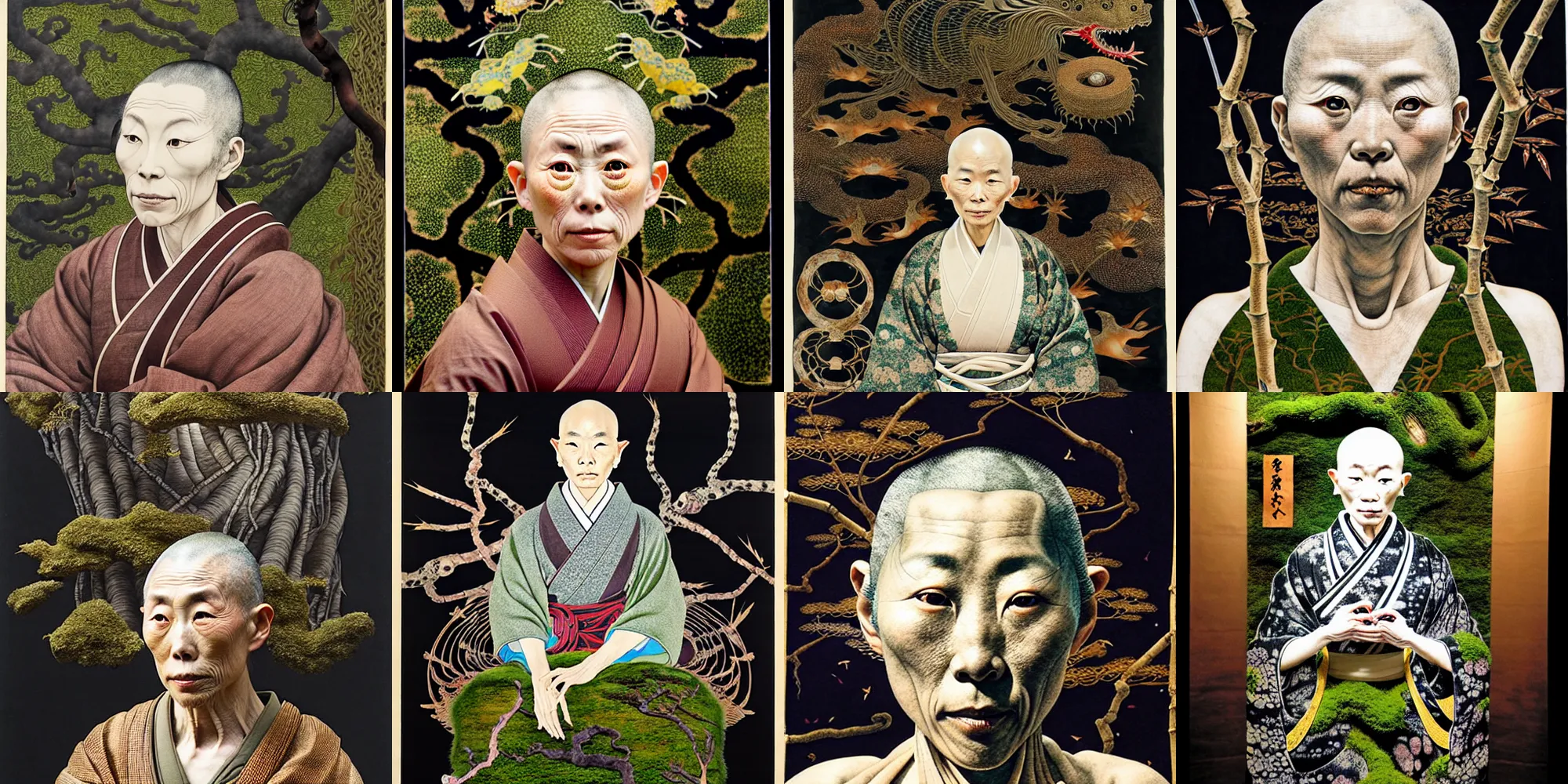 Prompt: ancient japanese monk, by kiki smith, by maria sibylla merian, by wangechi mutu, chinese painting, concept art, third - person, 3 - dimensional, 1 6 k, rim lights, moss, bamboo, insanely detailed and intricate, hypermaximalist, elegant, ornate, hyper realistic, super detailed