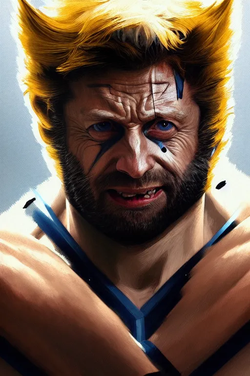 Image similar to Boris Johnson as Wolverine, portrait, X man costume, highly detailed, digital painting, artstation, concept art, smooth, sharp focus, illustration, cinematic lighting, art by artgerm and greg rutkowski and alphonse mucha