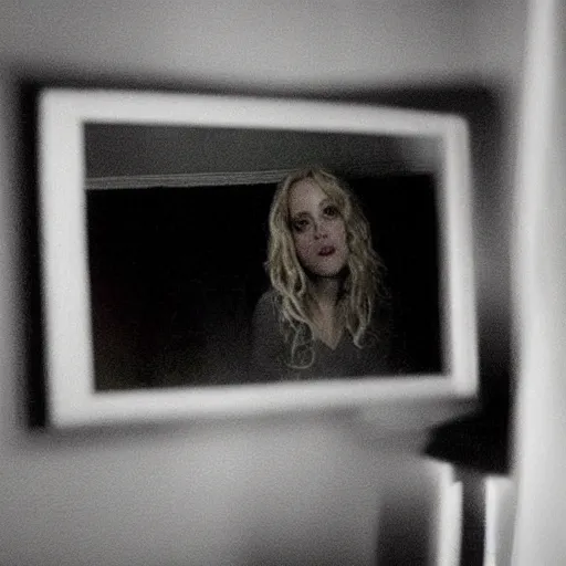 Prompt: Brittany Murphy spirit in the dark misty mirror, dark eerie pic, photo taken by ghost adventures