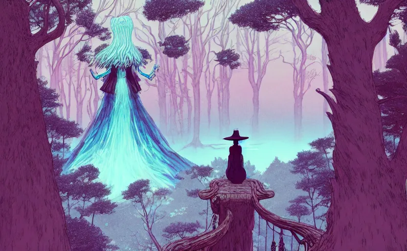 Image similar to a detailed illustration of a witch seen from the back on top of stairs, a magical forest with giant trees, looking at a gigantic face of a rock statue, cool shades of cyan and pink, by ghibli, by akihiko yoshida