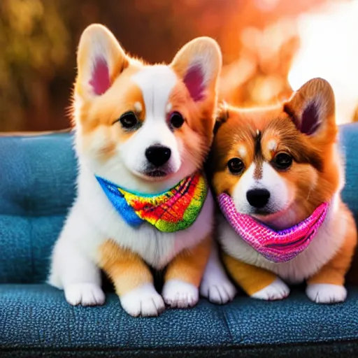 Image similar to 8k highly detailed photograph of the most adorable Corgi Puppies wearing a rainbow bandana, posing on my couch, golden hour,