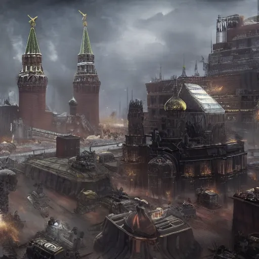 Prompt: Moscow in warhammer 40000 , 4k, 8k, top cinematic lighting , cinematic mood, very detailed, small details, realistic illustration, hyperrealism