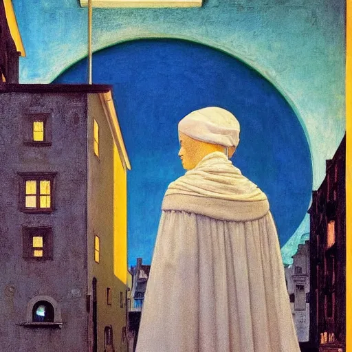 Image similar to a woman in a medieval city, hyperrealistic film still by edward hopper, by gottfried helnwein, by klimt, by paolo uccello, by johfra bosschart, art nouveau, highly detailed, strong lights, liminal, eerie, symbolist, bright pastel colors