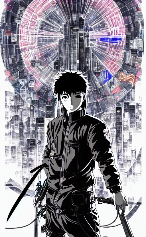 Image similar to an intricate detailed main cover of the manga, a strong male anime hero with two magical swords, in neo tokyo cyberpunk city with spirit sight, by Katsuhiro Otomo + Sui Ishida, in the anime Ghost In the Shell, trending on artstation + clean lines + lineart +clean edges