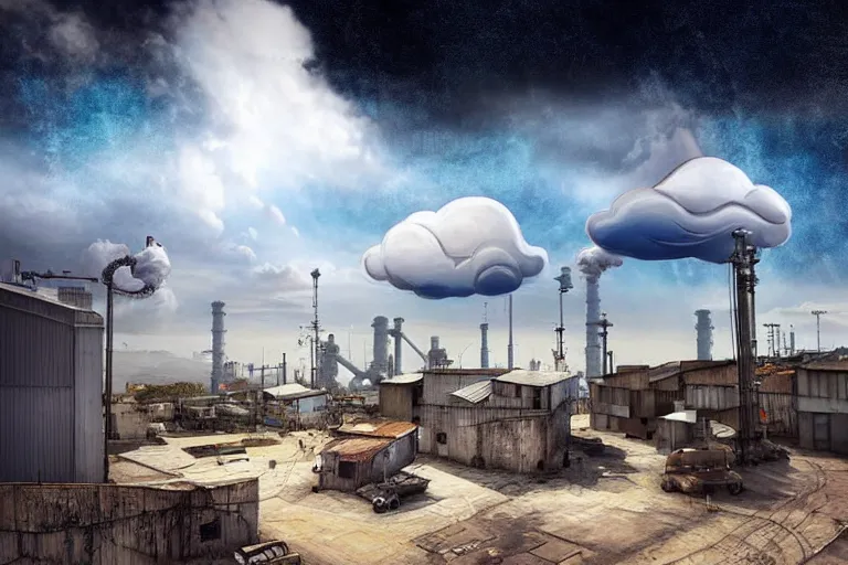 Image similar to cloud favela sculpture, surrealism environment, industrial factory, sunny, milky way, award winning art, epic dreamlike fantasy landscape, ultra realistic,