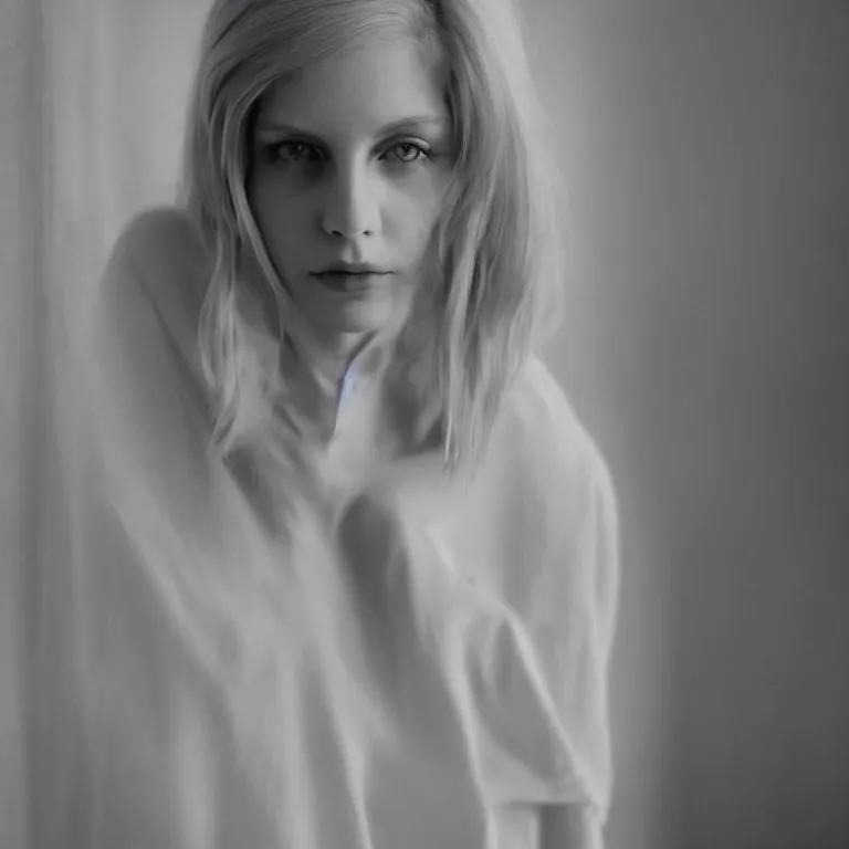 Prompt: cute annie leonhart in a white room, beautiful face, pale skin, rule of thirds, cinematic lighting, rainy weather, melancholy atmosphere, sharp focus, backlit, stunning, model agency, smooth, hard focus, full body shot, instagram photo, shot on sony a 7 iii, hyper realistic,