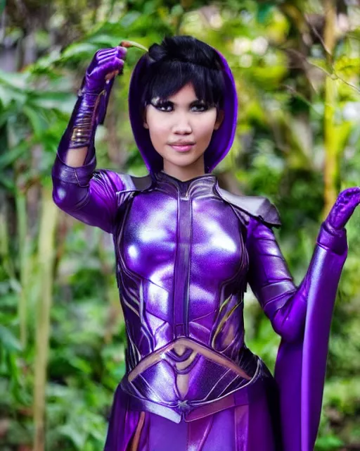 Prompt: a beautiful indonesian woman with a pixie like hairdo and elf ears wears a purple futuristic armored superhero costume, photorealistic