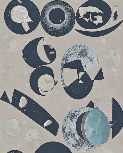 Prompt: A collage of the moon landing, mid-century modern, made of random shapes cut from magazines