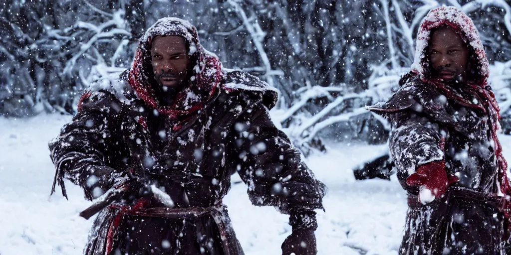 Prompt: a film still of a black man in the snow starring in a japanese blockbuster film as yoshimitsu, shallow depth of field, cinematic, award winning cgi, vfx, film still