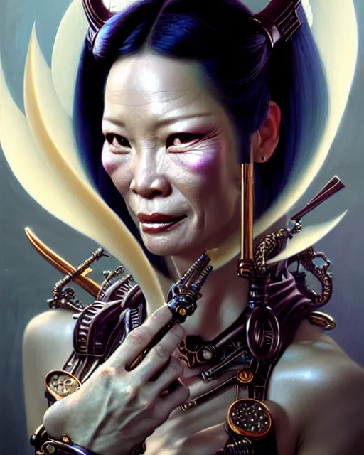 Prompt: beautiful gemini fantasy character portrait, lucy liu kill bill, ultra realistic, wide angle, intricate details, steampunk artifacts, highly detailed by peter mohrbacher, hajime sorayama, wayne barlowe, boris vallejo, aaron horkey, gaston bussiere, craig mullins