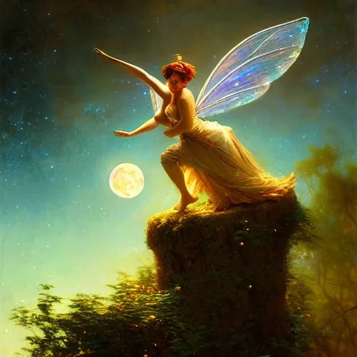 Image similar to attractive fairy magically floating high in the night, fantasy, full moon in background. highly detailed painting by gaston bussiere, craig mullins, j. c. leyendecker, mid shot, 8 k realistic, cryengine, frostbite 3 engine, sharp focus