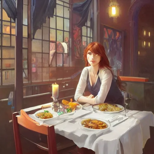 Prompt: a dinner date with the girl next door, slice of life, modern, realistic,!! looking at the camera!!, solo, first person pov, elegant, highly detailed, digital painting, artstation, sharp focus, illustration, art by artgerm and greg rutkowski and alphonse mucha