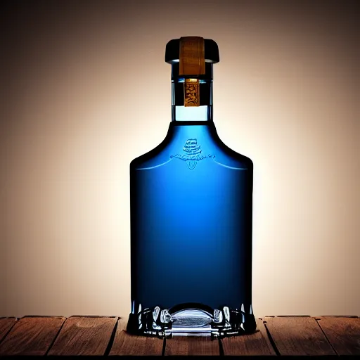 Prompt: A highly detailed digital art of a bottle of blue whiskey on a round table, volumetric lighting, 4k resolution, warm,