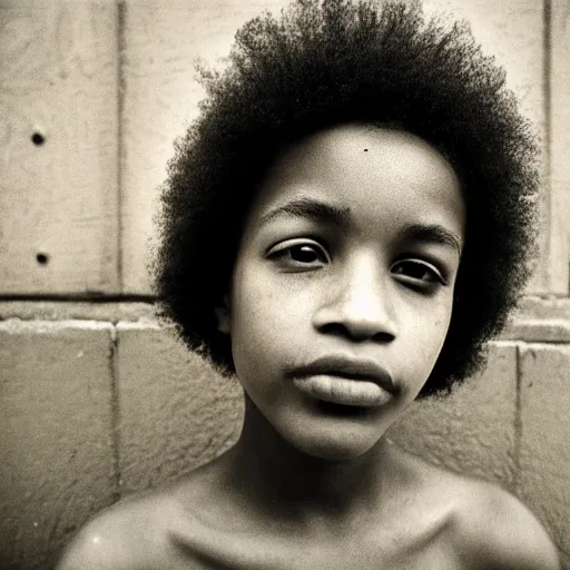 Image similar to portrait, extreme close up, sepia, teenager light - skin girl, afro hair, stares at the camera, night sky, stars, bruce gilden, leica s, fuji 8 0 0, grainy, low light