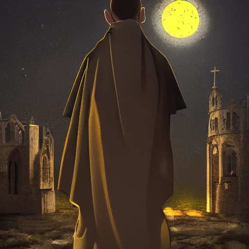 Image similar to A terrified catholic priest in his twenties at the top of a medieval tower watches as an ominous yellow shadow descends upon him from the night sky. He is fervently praying. Dramatic lighting. Award-winning digital art, trending on ArtStation