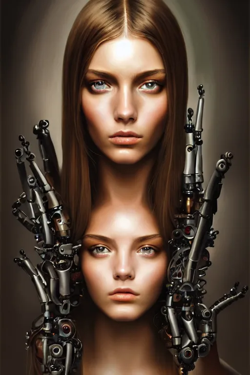Image similar to a photorealistic painting of an attractive young girl, partially covered in cyborg and robotic mechanical parts, olive skin, long dark hair, beautiful bone structure, symmetrical face, perfect eyes, intricate, elegant, digital painting, concept art, illustration, sharp focus, in the style of Diego Velázquez