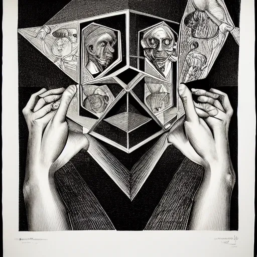 Prompt: alchemy lithography on paper conceptual figurative ( post - morden ) monumental dynamic portrait drawn by escher and hogarth and francis bacon, inspired by goya, illusion surreal art, highly conceptual figurative art, intricate detailed illustration, controversial poster art, polish poster art, geometrical drawings, no blur