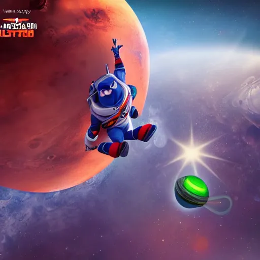 Image similar to a photorealistic photograph of a knitted Buzz Lightyear themed Captain America flying through outer space, Mars in distance, featuring shield - Trending on Artstation, featured on Behance, well-rendered, Unreal Engine, 4K HD