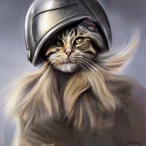 Image similar to portrait of a british longhair cat sodier with armor in the war, by stanely artgerm