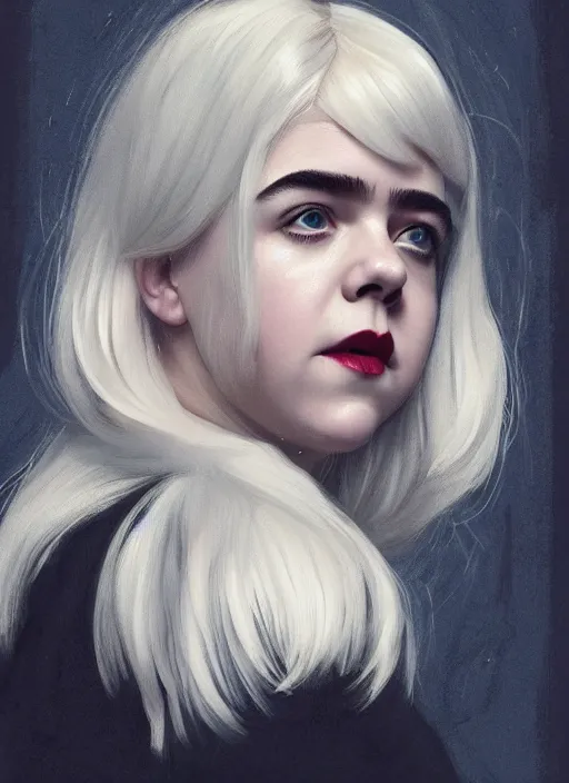 Image similar to full body portrait, kiernan shipka as sabrina spellman, white hair, obese, bangs, sultry, realistic, sultry smirk, fluffy bangs, curly bangs, fat, belly, intricate, elegant, highly detailed, digital painting, artstation, concept art, smooth, sharp focus, illustration, art by wlop, mars ravelo and greg rutkowski