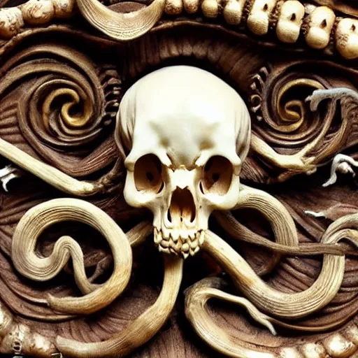 Prompt: an intricately detailed carving in an human - octopus skull, rococo ornate bone and ivory sculpted skull with teeth and tentacles, horror, artifact, micro detailed, inscribed with occult symbols, otherworldly