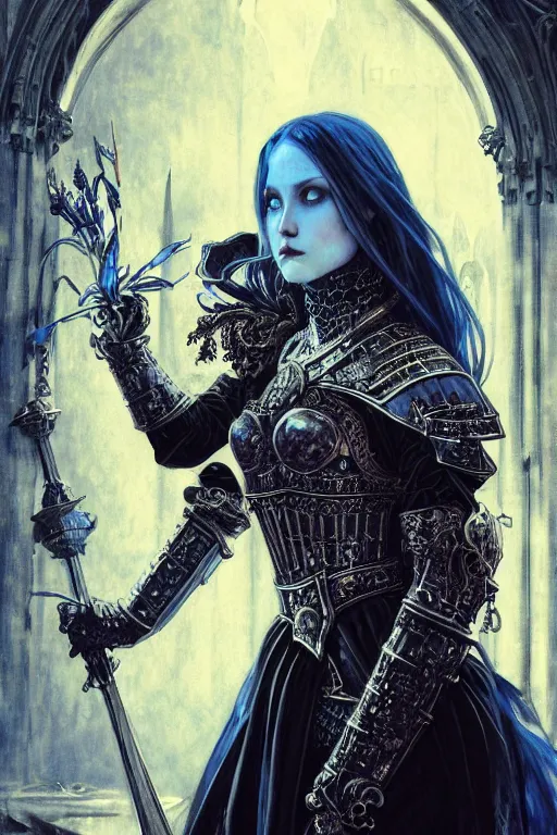 Image similar to beautiful luxury and gothic and victorian and evil medieval female blue & white color armor knight portrait+smoky eyes+light flowing hair, in ruin gothic cathedral, ultradetail face, art and illustration by tian zi and craig mullins and WLOP and alphonse mucha, fantasy, intricate complexity, human structure, fantasy world concept, watermark, blurry, hyperrealism 8k