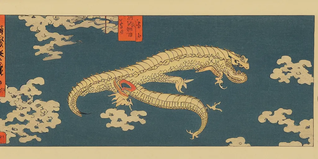 Prompt: ukiyo - e woodblock print of a water dragon flying over a shinto shrine, by hokusai