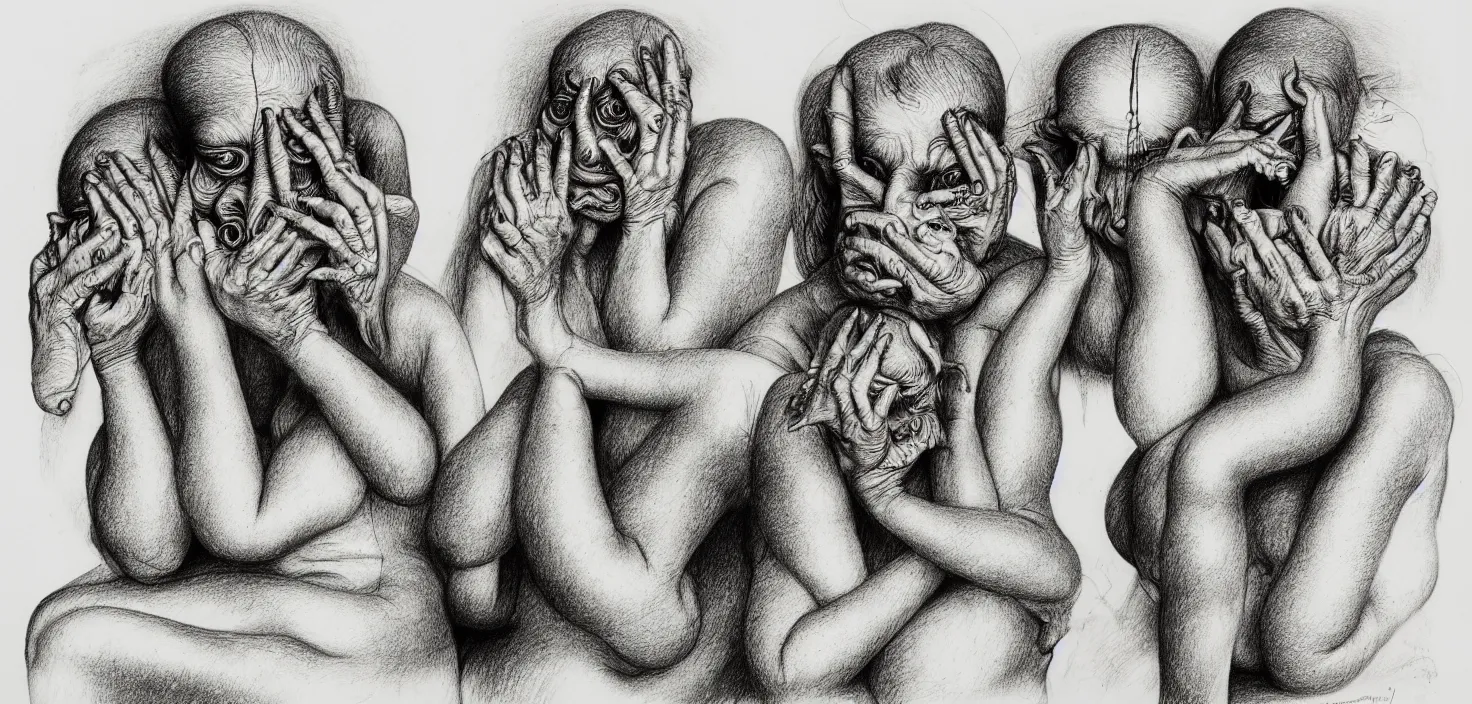 Image similar to see no evil, hear no evil, speak no evil, detailed drawing, pen and ink, monochrome, by hans bellmer