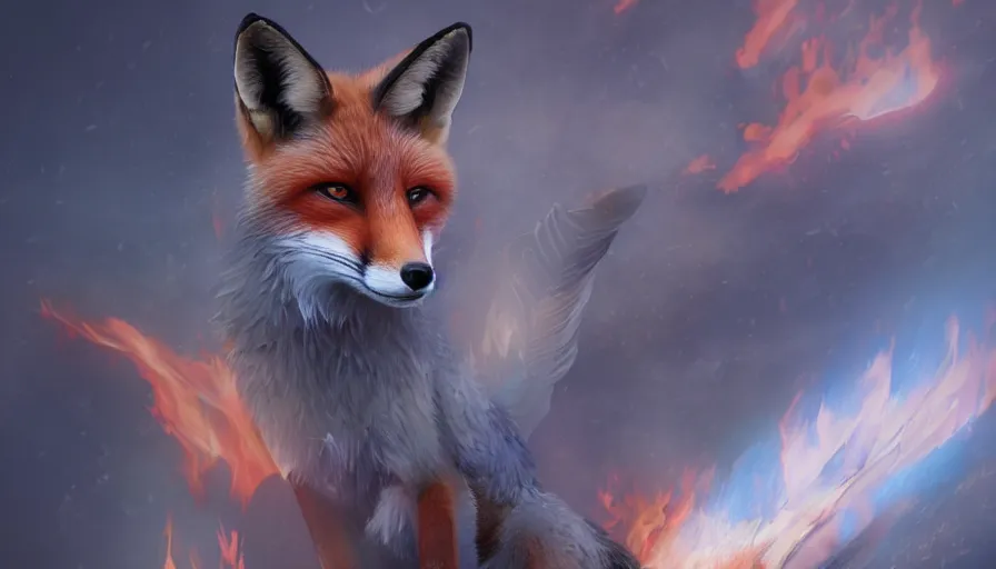 Prompt: fox on fire with wings and blue eyes, hyperdetailed, artstation, cgsociety, 8 k