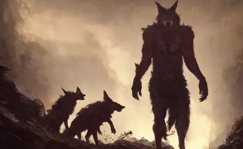 Prompt: A painting of cabbit finds himself surrounded by a clan of tribal werewolves trending on artstation in the style of Greg Rutkowski