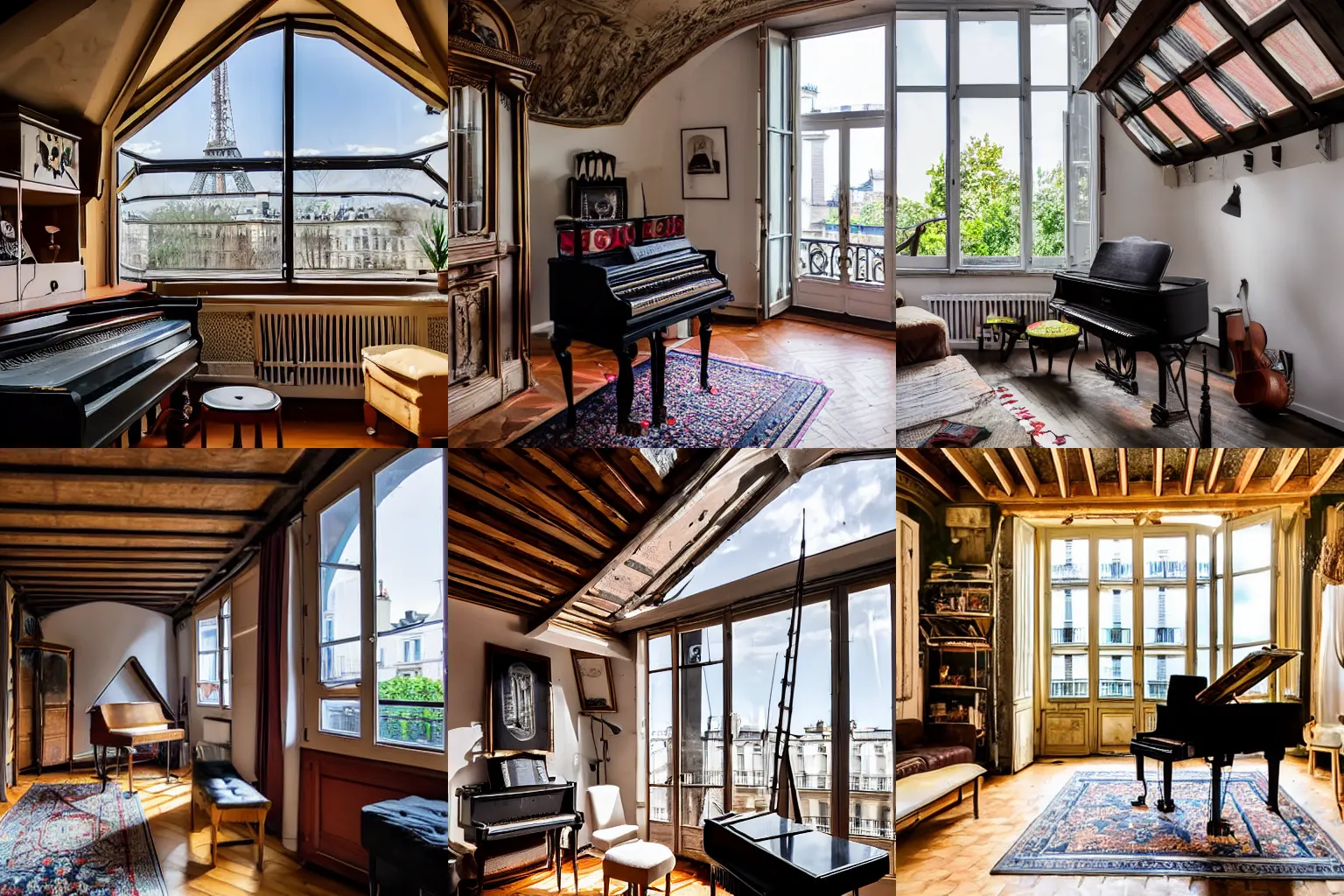 Prompt: parisian studio attic with a balcony and roof window, decorated with vintage furniture and piano, with eiffel view, wide angle lens , real photo
