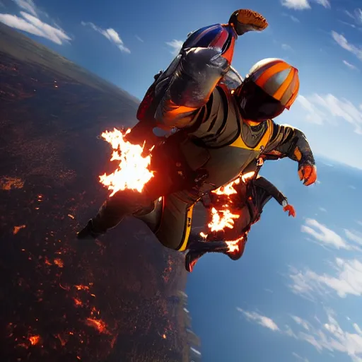 Image similar to prometheus skydiving midair action shot with the fire in one hand the other hand streched to prevent a collission. concept art octane render hyperrealistic unreal engine