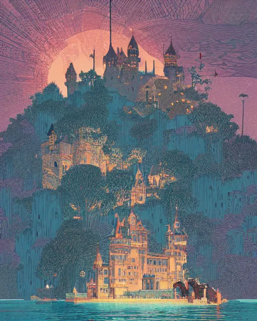 Prompt: a castle on the water, digital art, illustrated by james gurney and victo ngai