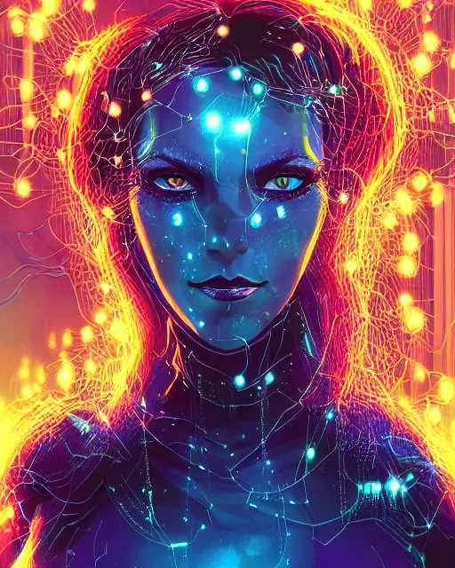 Image similar to a cyberpunk close up portrait of enchanting cyborg poison ivy, electricity, rainbow, sparks, bokeh, soft focus, sparkling, glisten, water drops, cold, dark, geometric, temples behind her, by paul lehr, jesper ejsing