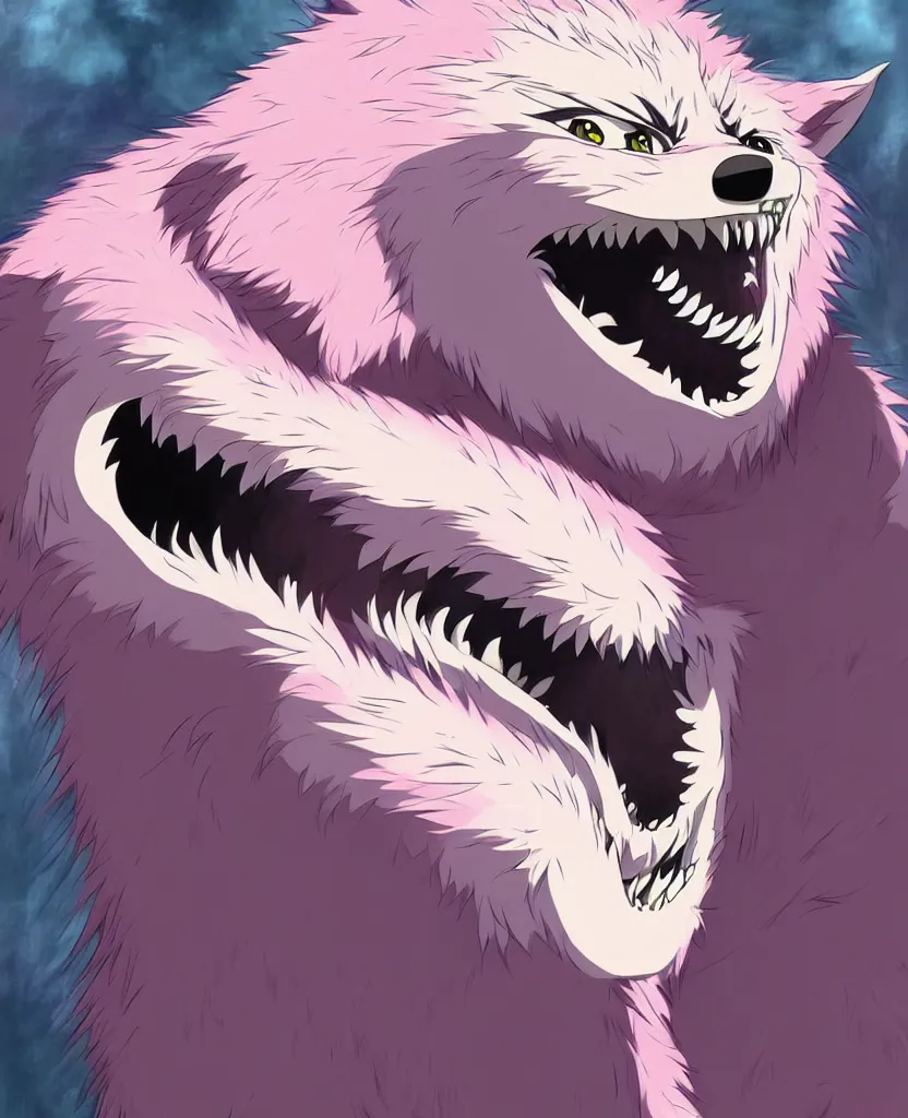 Image similar to beautiful painting from the anime film by studio ghibli, pink anthropomorphic werewolf human hybrid, drooling teeth bared, fur, trending on artstation,