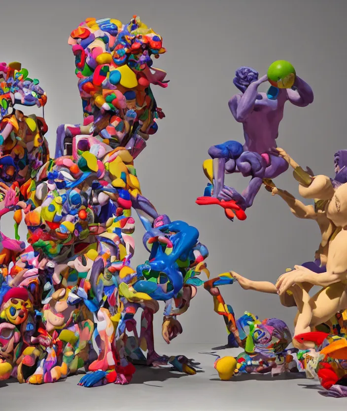 Image similar to a claymation film still of a contemporary sculpture / collection / contemporary art / gallery / museum / claymation by jeff koons and bruce bickford