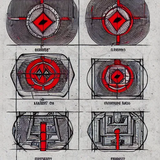 Image similar to simple blueprint drawings of spells, red symbols, blueprint red ink, calotype, lost grimoire, found papers, black paper, symmetry, RED writing, decay, full page writings, ornate borders + concept art, intricate writing, artstation, junji ito