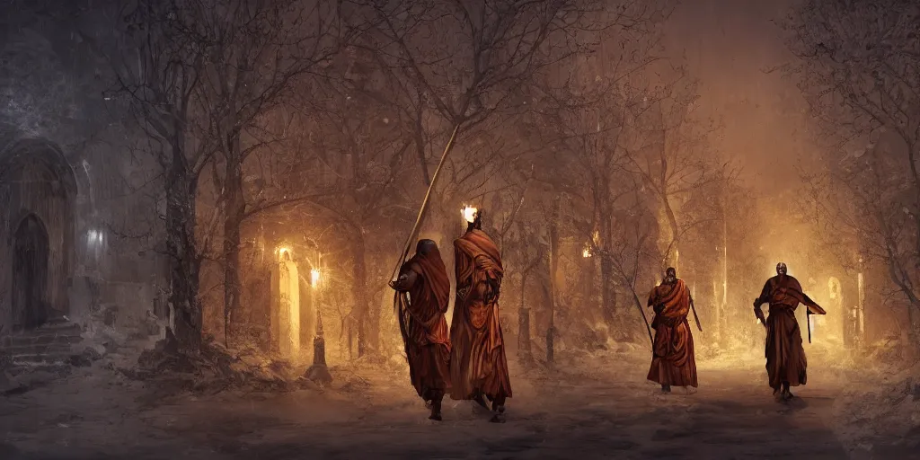 Prompt: byzantine styled warrior - monks patrol the streets of a sacred necropolis in winter, sharp focus, intricate concept art, ambient lighting, artstation