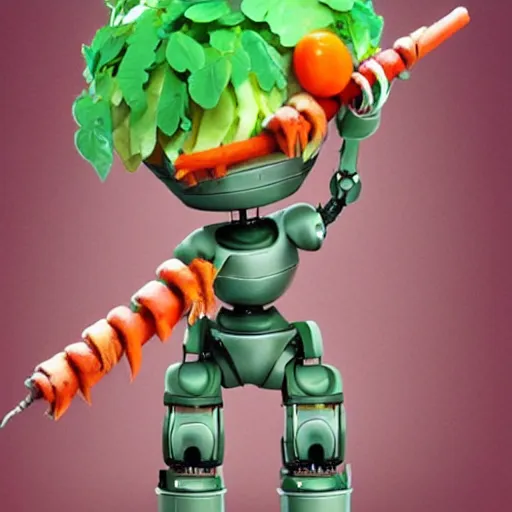 Prompt: robot made of vegetables with tomato head and a carrot sword, made in abyss style